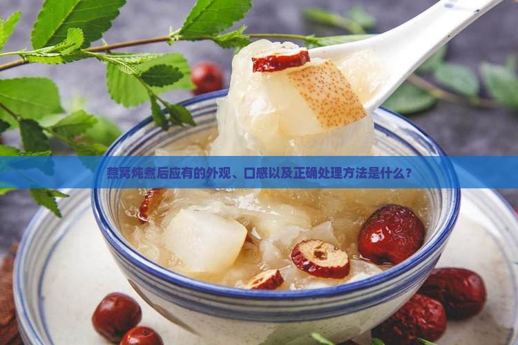 燕窝炖煮后应有的外观、口感以及正确处理方法是什么？